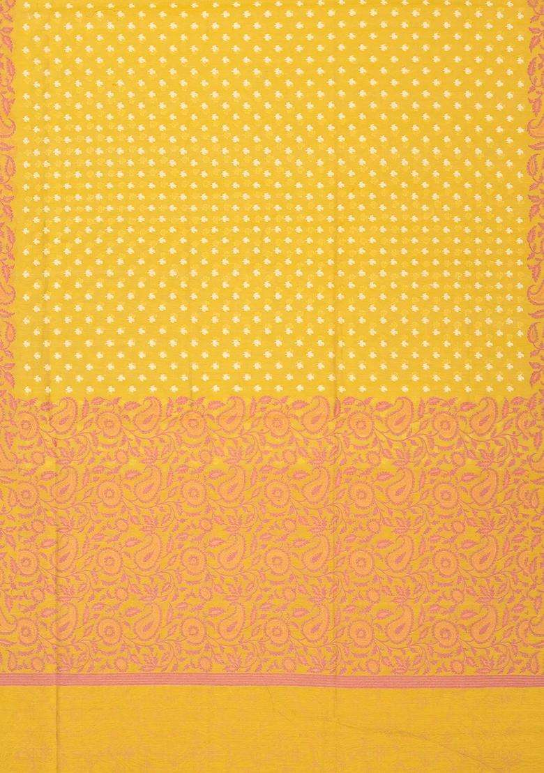 Mustard Handloom Banarasi Cotton Saree With Floral Motifs With Buttas And Brocade Design For Women - Indya