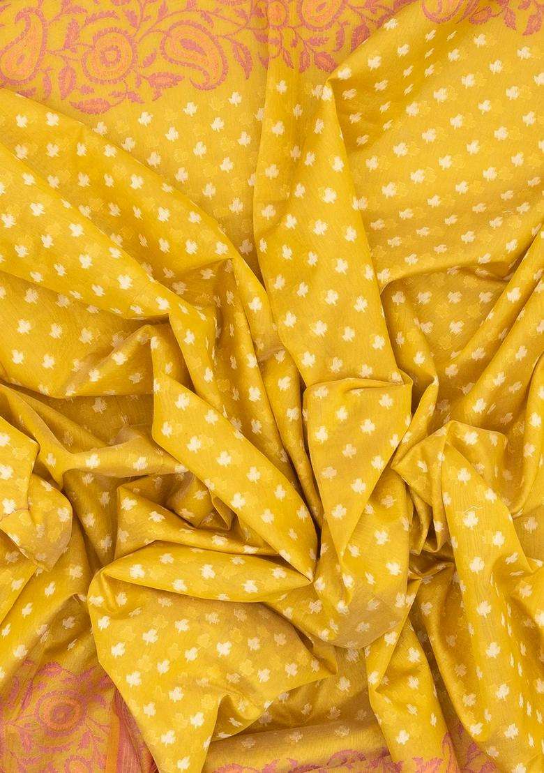 Mustard Handloom Banarasi Cotton Saree With Floral Motifs With Buttas And Brocade Design For Women - Indya