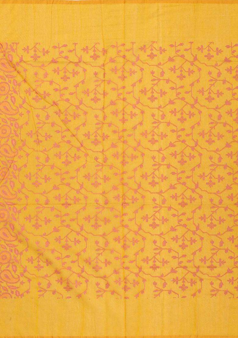 Mustard Handloom Banarasi Cotton Saree With Floral Motifs With Buttas And Brocade Design For Women - Indya