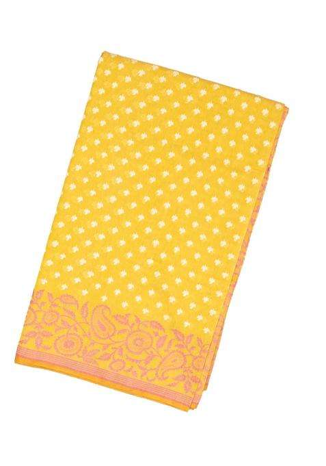 Mustard Handloom Banarasi Cotton Saree With Floral Motifs With Buttas And Brocade Design For Women