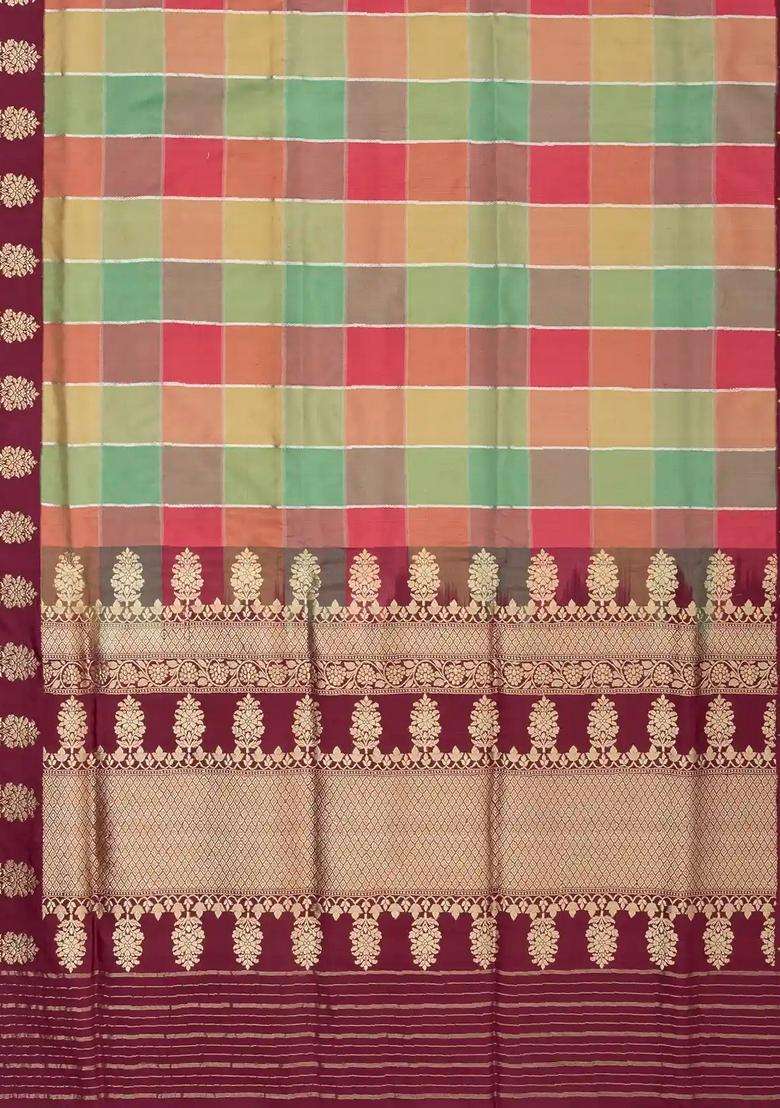 Multi Colour Handloom Banarasi Silk Saree With Checks Contrast Border With Checks And Stripes Design For Women - Indya
