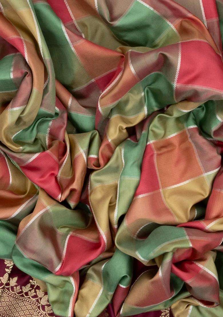 Multi Colour Handloom Banarasi Silk Saree With Checks Contrast Border With Checks And Stripes Design For Women - Indya