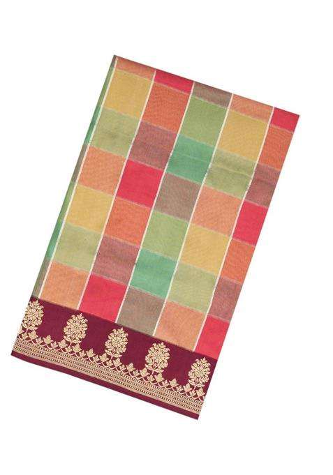 Multi Colour Handloom Banarasi Silk Saree With Checks Contrast Border With Checks And Stripes Design For Women