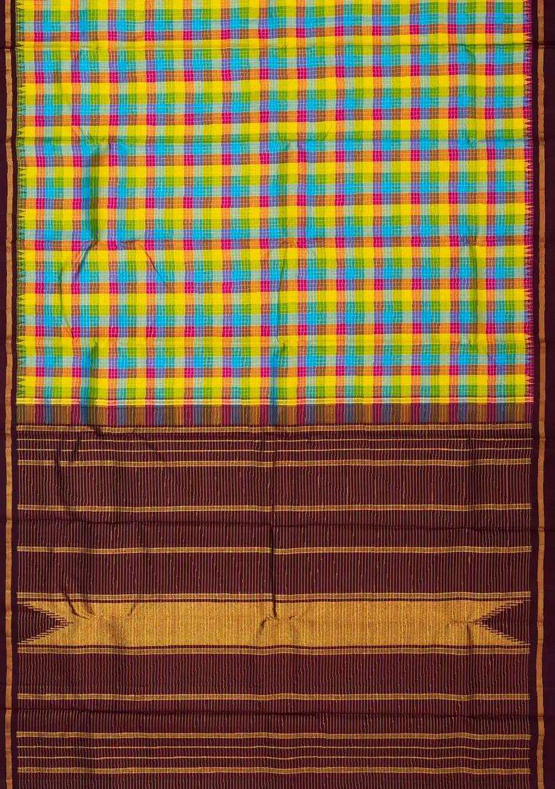 Multi Colour Handloom Korvai Kanchipuram Silk Saree With Contrast Border With Korvai And Temple Border Design For Women - Indya