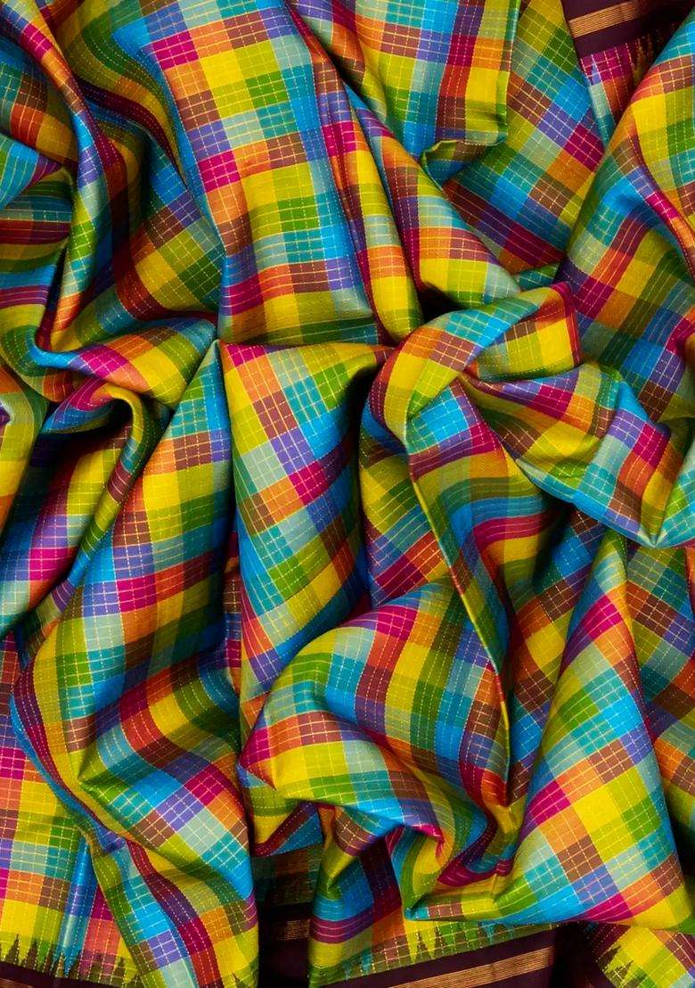 Multi Colour Handloom Korvai Kanchipuram Silk Saree With Contrast Border With Korvai And Temple Border Design For Women - Indya