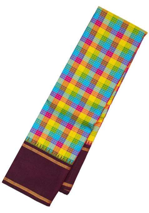 Multi Colour Handloom Korvai Kanchipuram Silk Saree With Contrast Border With Korvai And Temple Border Design For Women