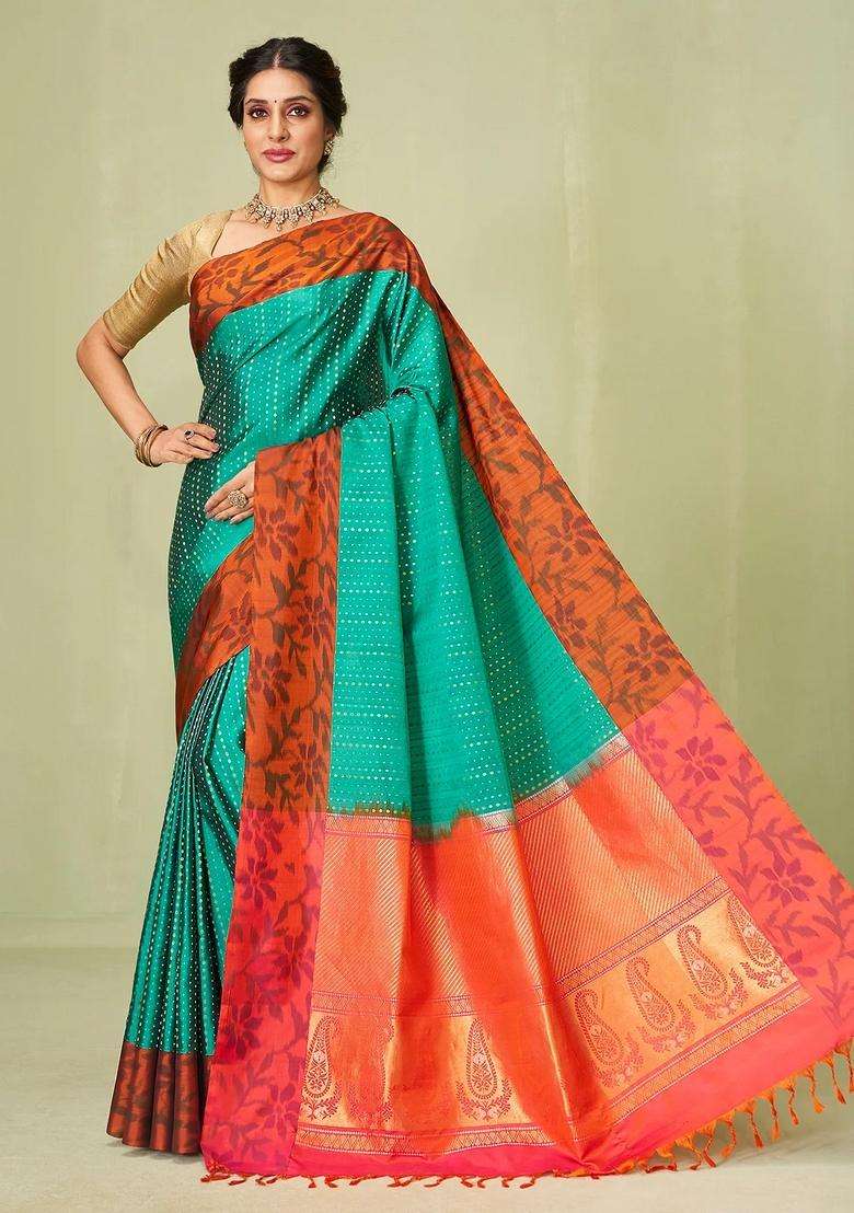 Cyan Handloom Soft Silk Saree With Dotted Floral Motifs With Buttas And Brocade Design For Women - Indya