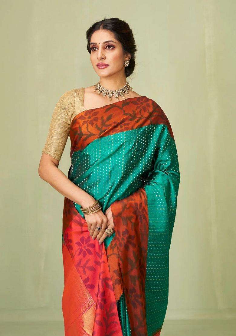 Cyan Handloom Soft Silk Saree With Dotted Floral Motifs With Buttas And Brocade Design For Women - Indya