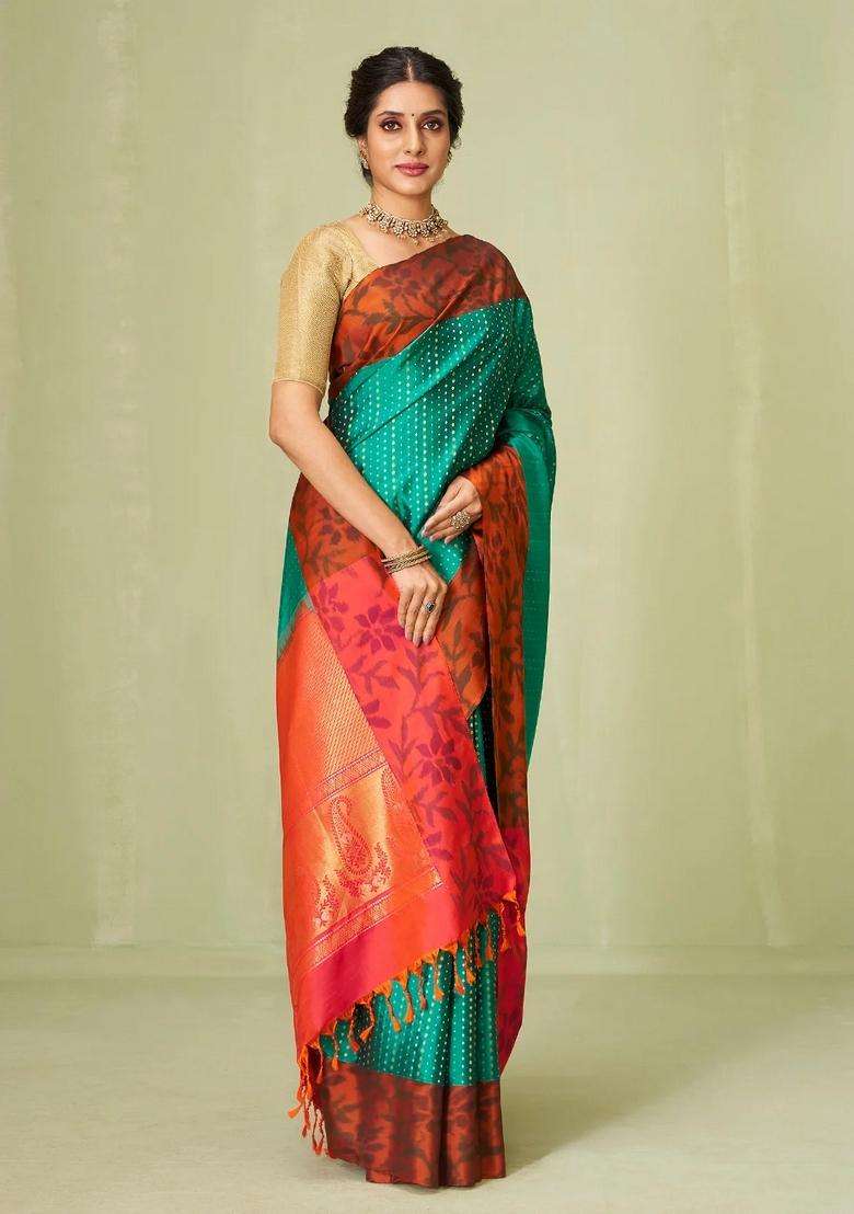Cyan Handloom Soft Silk Saree With Dotted Floral Motifs With Buttas And Brocade Design For Women - Indya