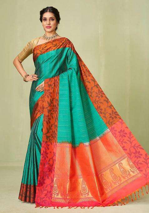 Cyan Handloom Soft Silk Saree With Dotted Floral Motifs With Buttas And Brocade Design For Women