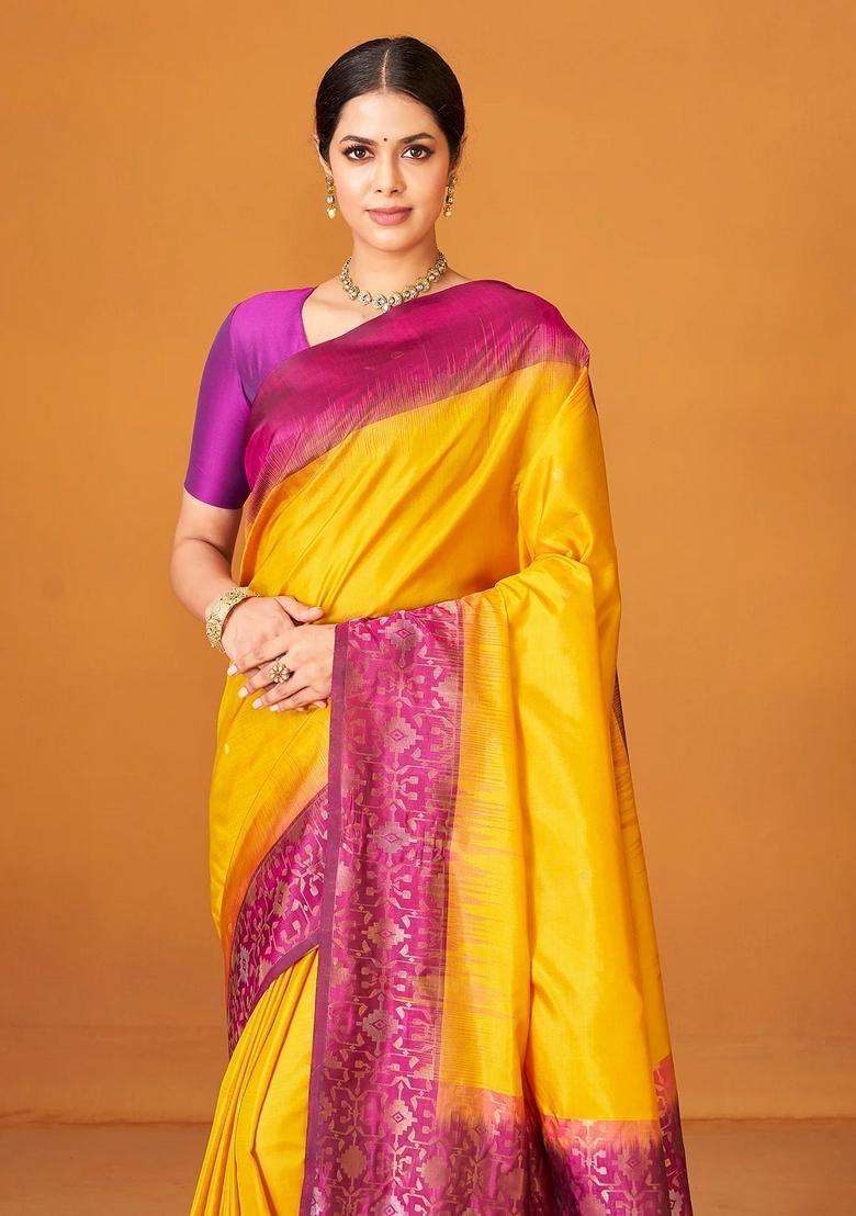 Yellow Handloom Soft Silk Saree With Contrast Floral Border With Traditional Woven Design For Women - Indya