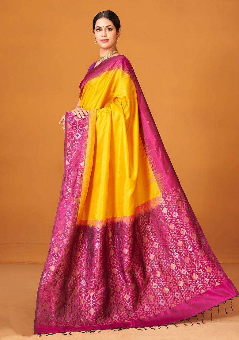 Yellow Handloom Soft Silk Saree With Contrast Floral Border With Traditional Woven Design For Women - Indya
