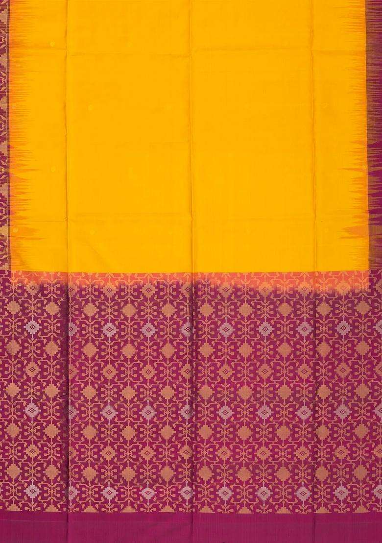Yellow Handloom Soft Silk Saree With Contrast Floral Border With Traditional Woven Design For Women - Indya