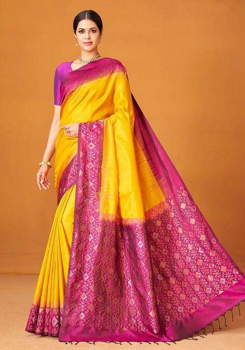 Yellow Handloom Soft Silk Saree With Contrast Floral Border With Traditional Woven Design For Women