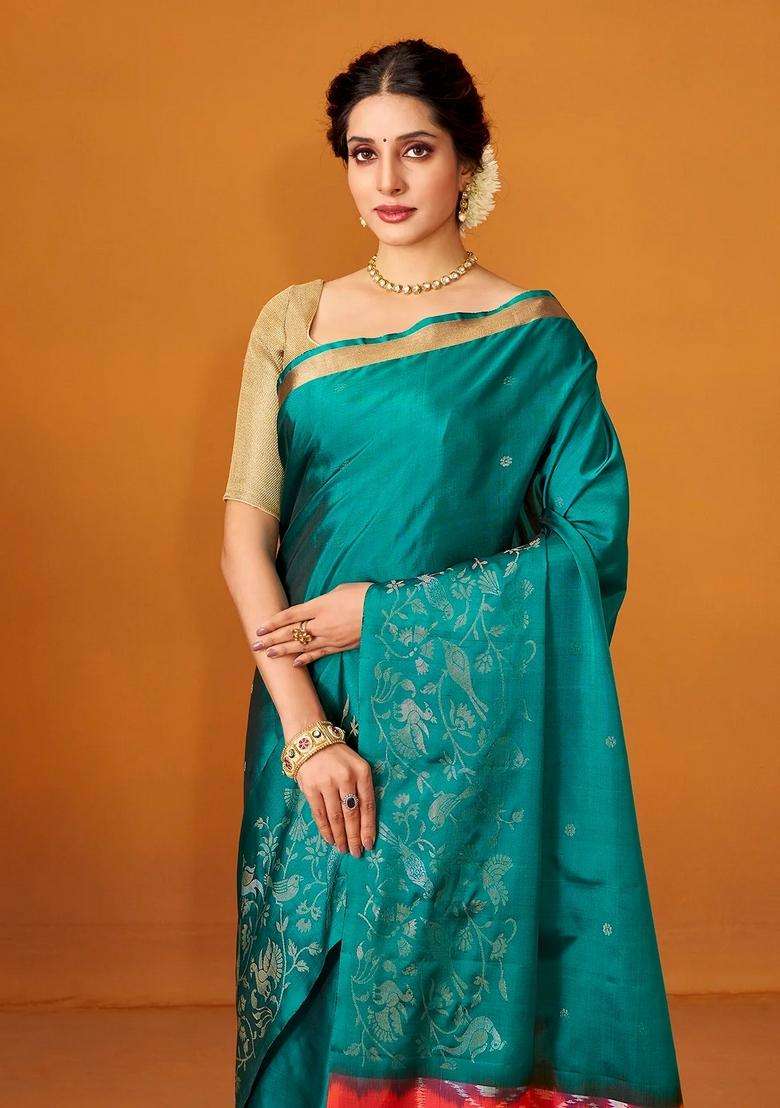 Teal Handloom Soft Silk Saree With Floral Motifs Contrast Pallu With Buttas And Brocade Design For Women - Indya