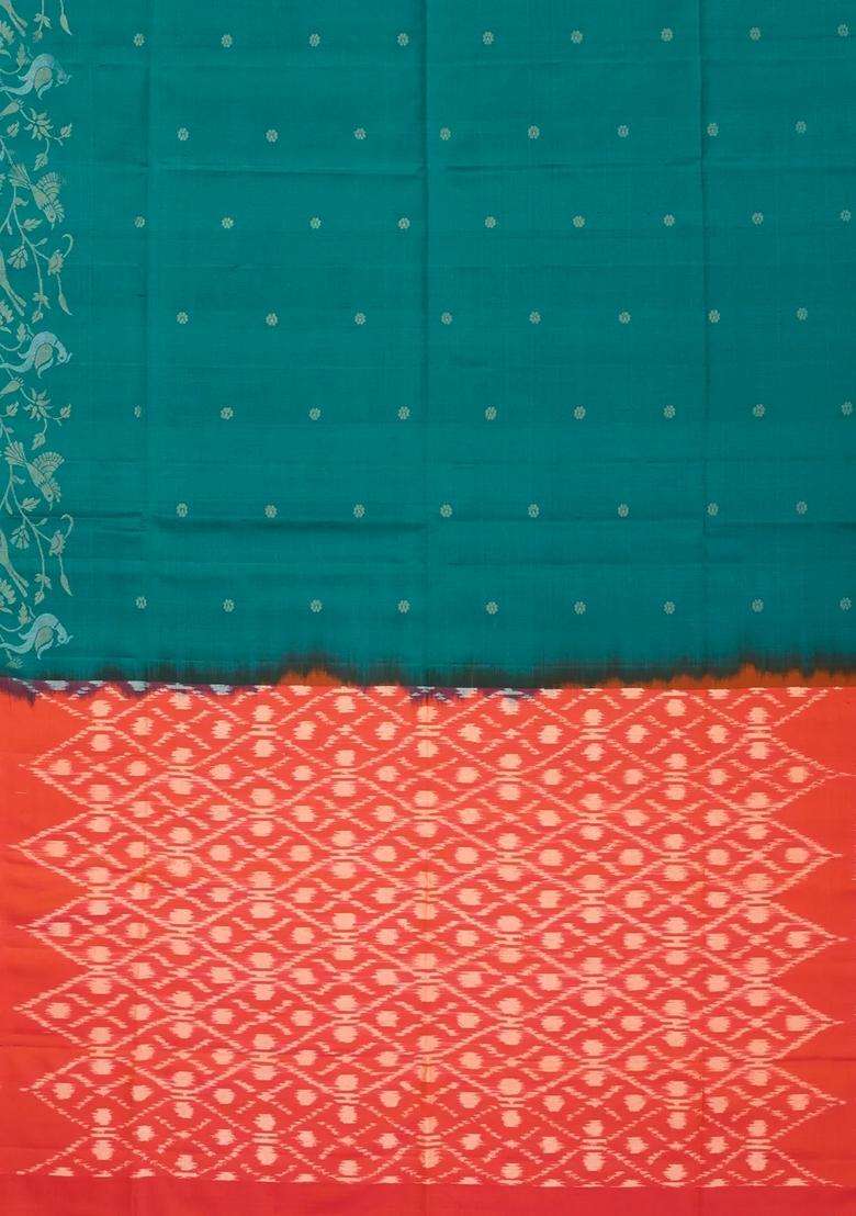 Teal Handloom Soft Silk Saree With Floral Motifs Contrast Pallu With Buttas And Brocade Design For Women - Indya
