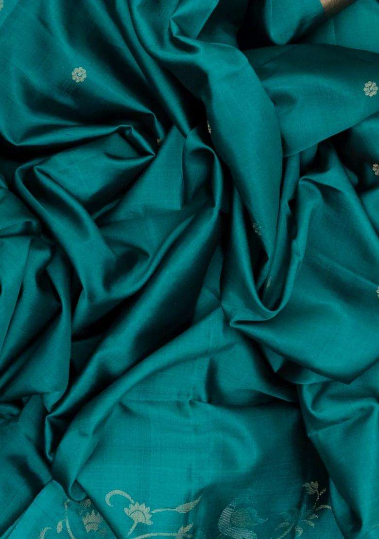 Teal Handloom Soft Silk Saree With Floral Motifs Contrast Pallu With Buttas And Brocade Design For Women - Indya
