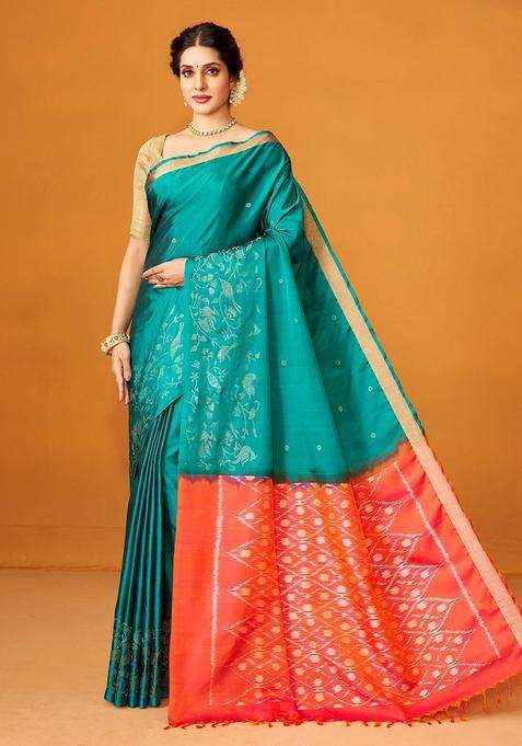 Teal Handloom Soft Silk Saree With Floral Motifs Contrast Pallu With Buttas And Brocade Design For Women
