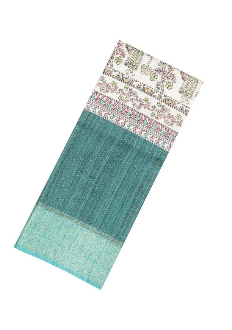 Sea Green Woven Synthetic Manipuri Silk Saree With Printed Motifs For Women - Indya