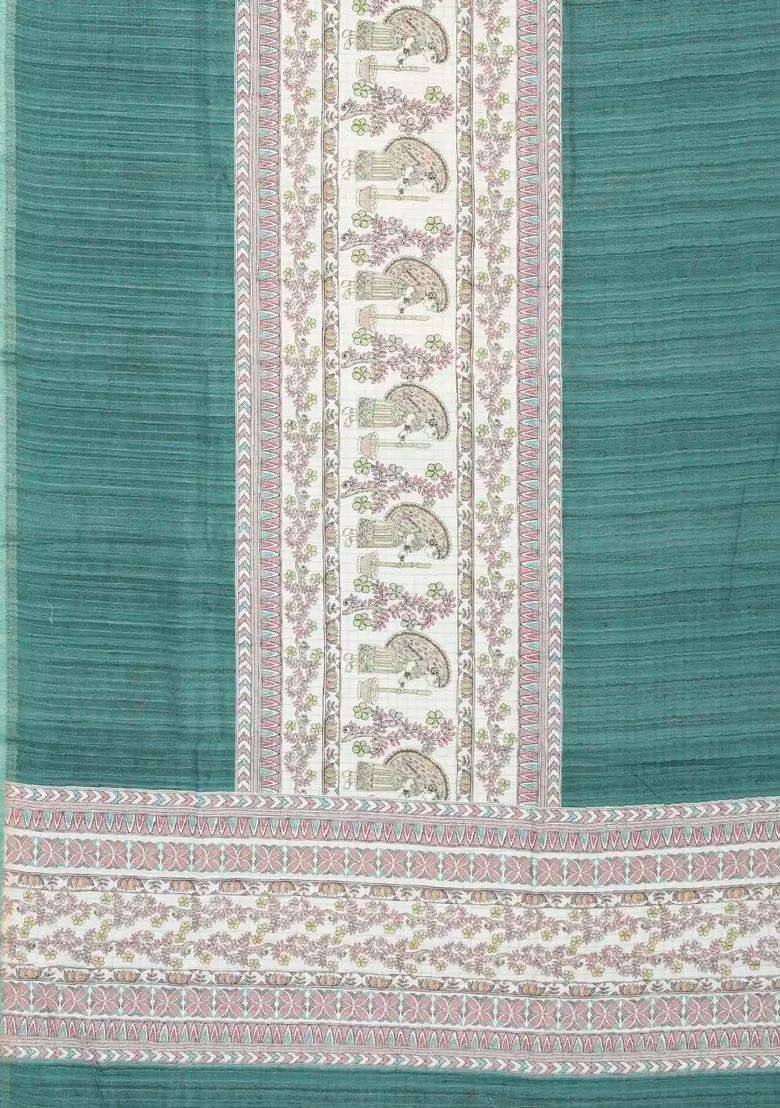 Sea Green Woven Synthetic Manipuri Silk Saree With Printed Motifs For Women - Indya