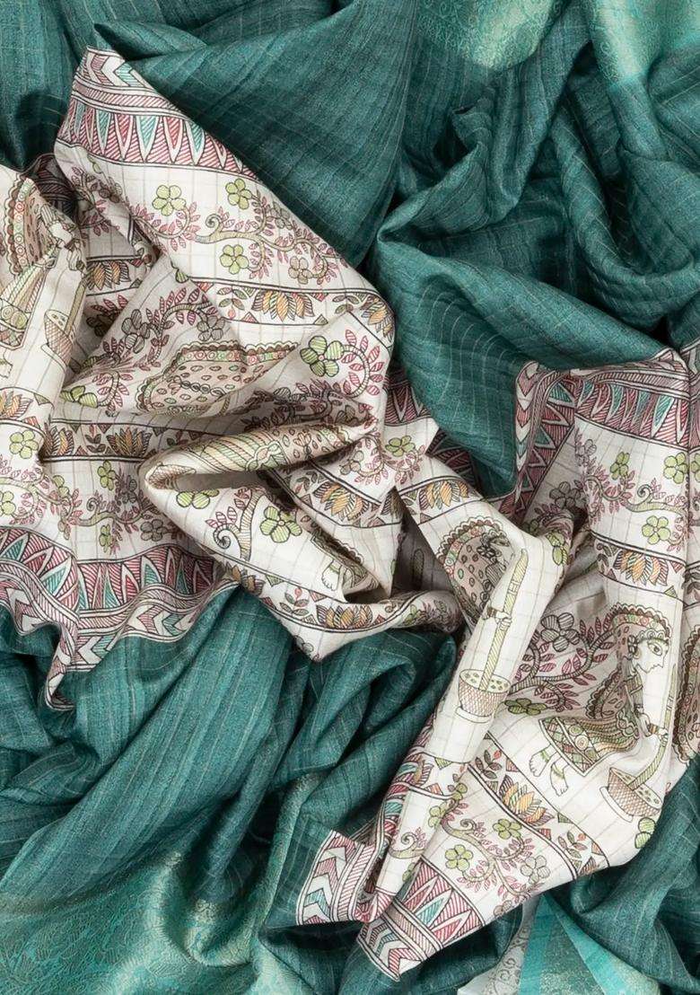 Sea Green Woven Synthetic Manipuri Silk Saree With Printed Motifs For Women - Indya