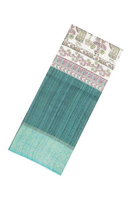 Sea Green Woven Synthetic Manipuri Silk Saree With Printed Motifs For Women