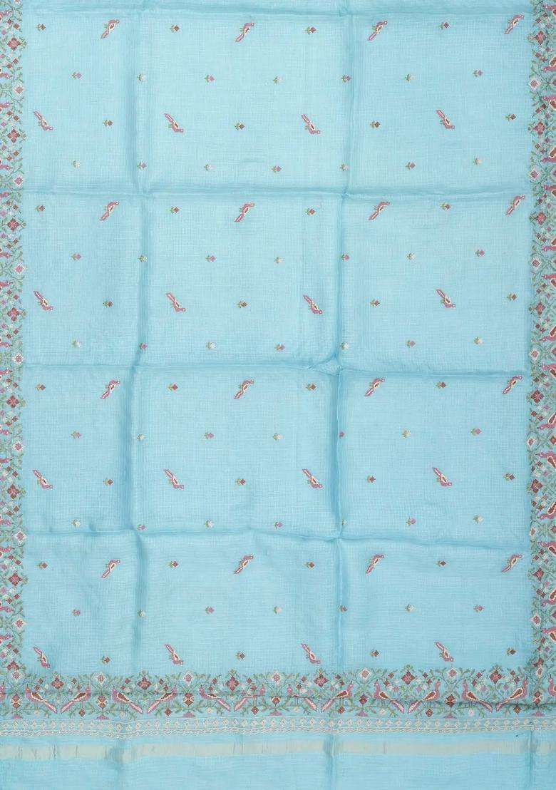 Turquoise Handloom Kota Silk Cotton Saree With Bird Motifs With Buttas And Brocade Design For Women - Indya