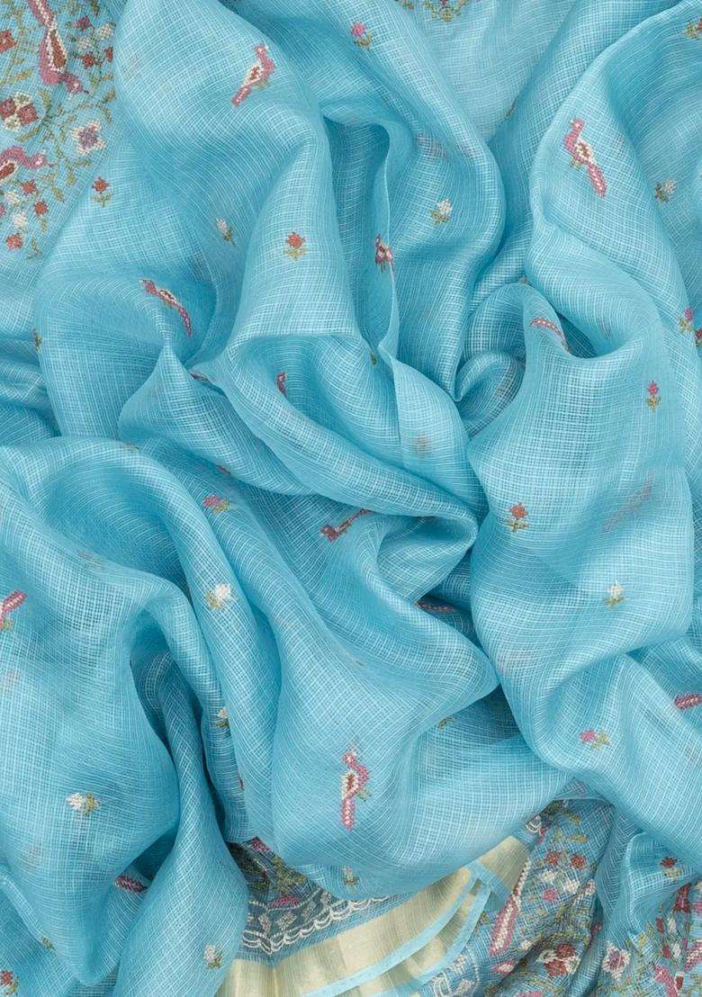 Turquoise Handloom Kota Silk Cotton Saree With Bird Motifs With Buttas And Brocade Design For Women - Indya