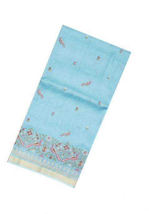 Turquoise Handloom Kota Silk Cotton Saree With Bird Motifs With Buttas And Brocade Design For Women
