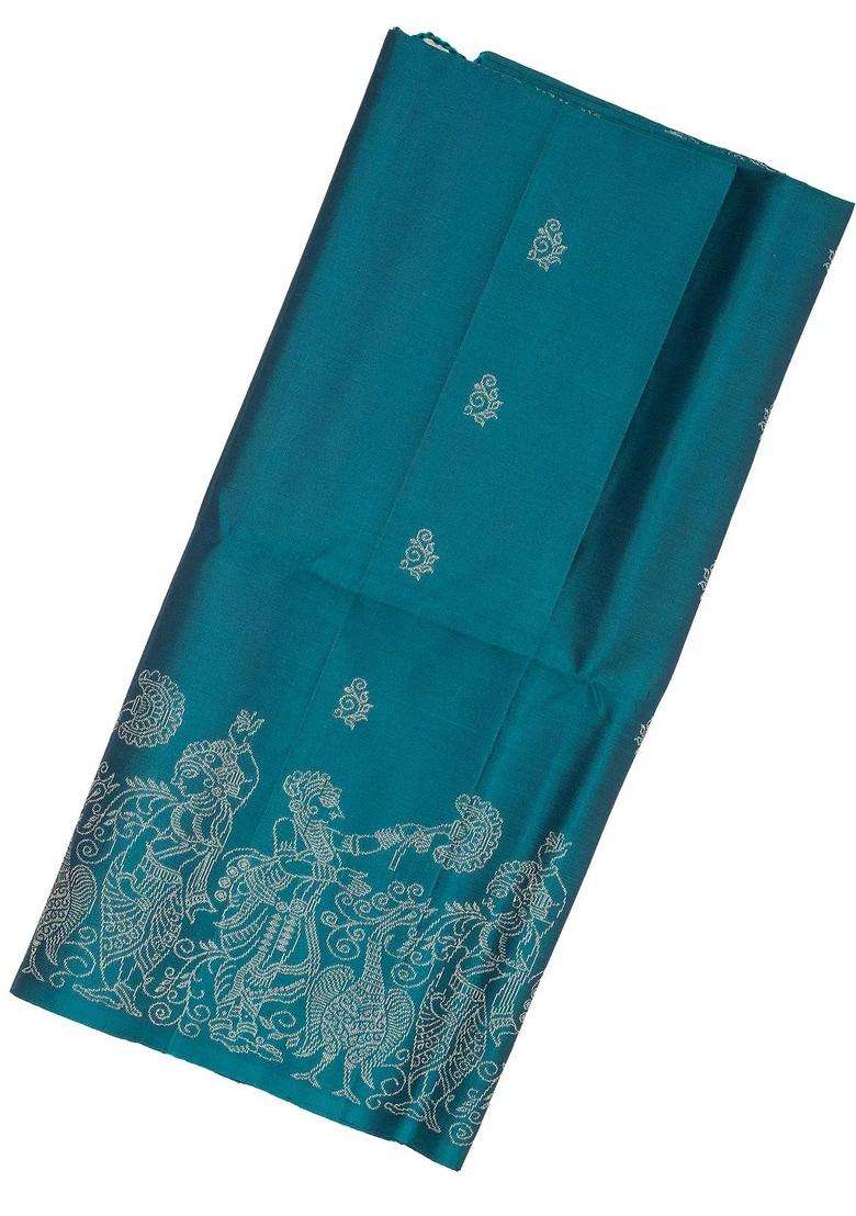 Cyan Handloom Soft Silk Saree With Floral Buttas With Buttas And Brocade Design For Women - Indya