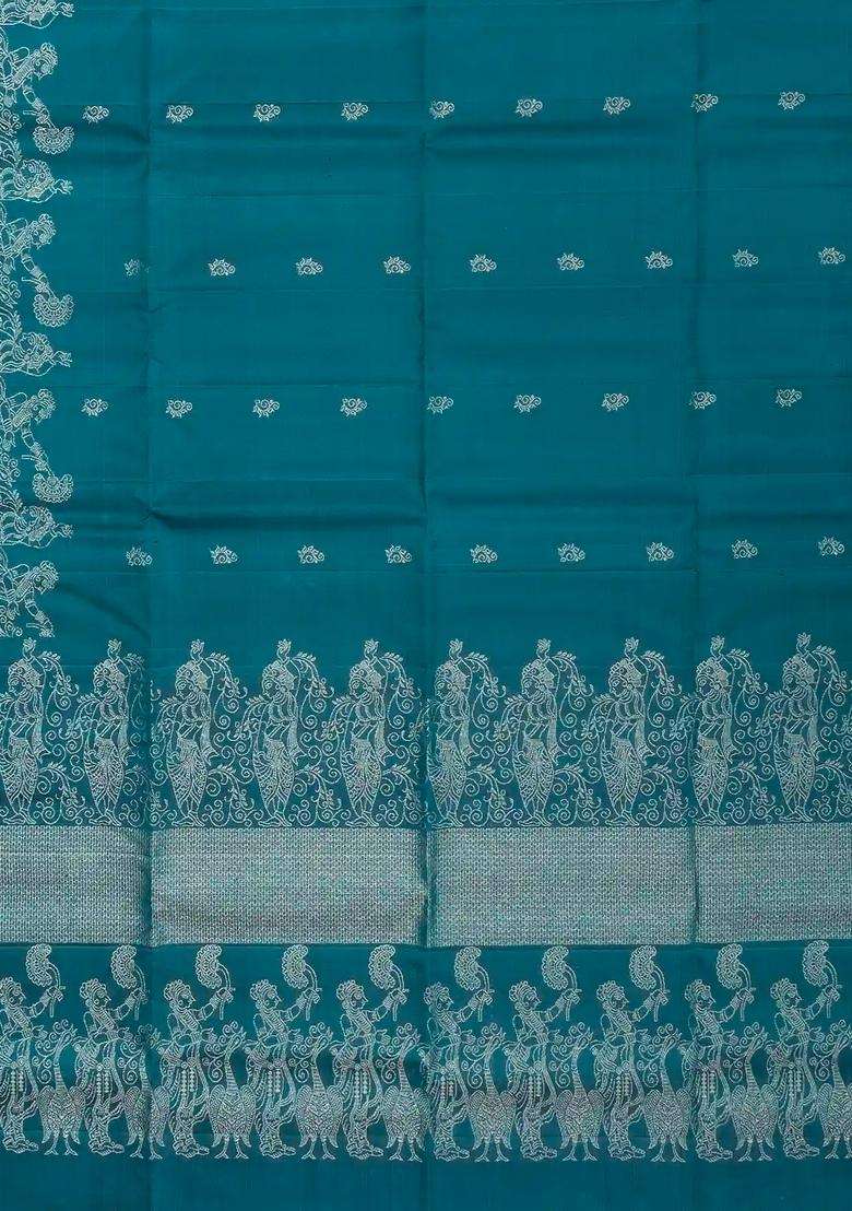 Cyan Handloom Soft Silk Saree With Floral Buttas With Buttas And Brocade Design For Women - Indya