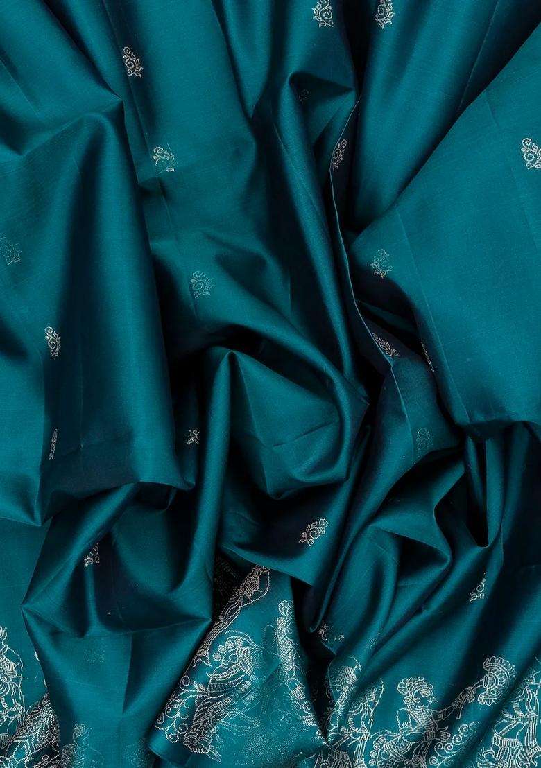 Cyan Handloom Soft Silk Saree With Floral Buttas With Buttas And Brocade Design For Women - Indya
