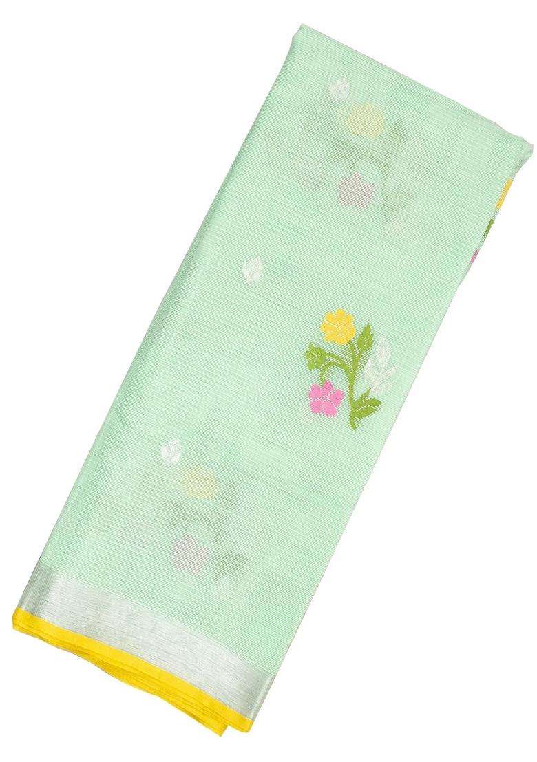 Mint Green Handloom Kota Silk Cotton Saree With Meena Floral Motifs With Buttas And Brocade Design For Women - Indya