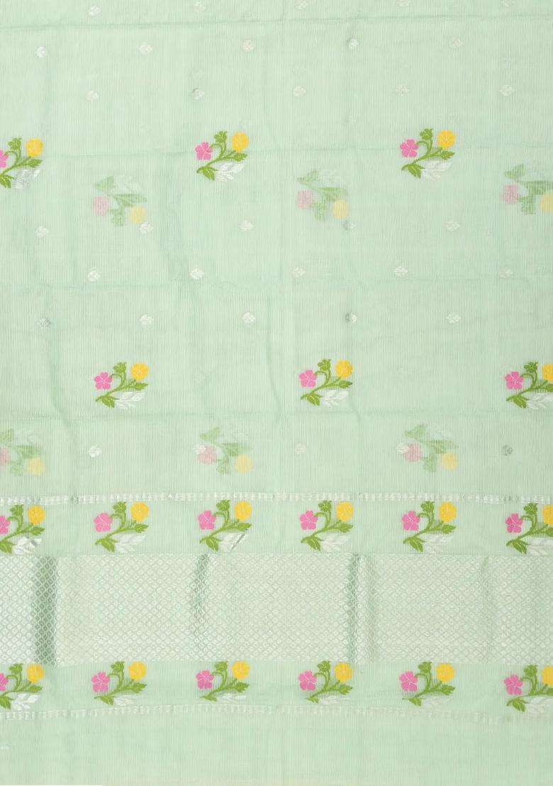 Mint Green Handloom Kota Silk Cotton Saree With Meena Floral Motifs With Buttas And Brocade Design For Women - Indya