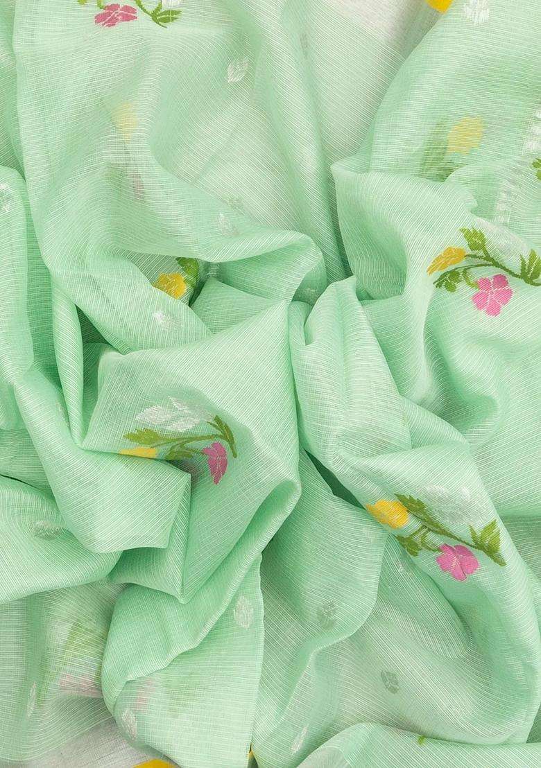 Mint Green Handloom Kota Silk Cotton Saree With Meena Floral Motifs With Buttas And Brocade Design For Women - Indya