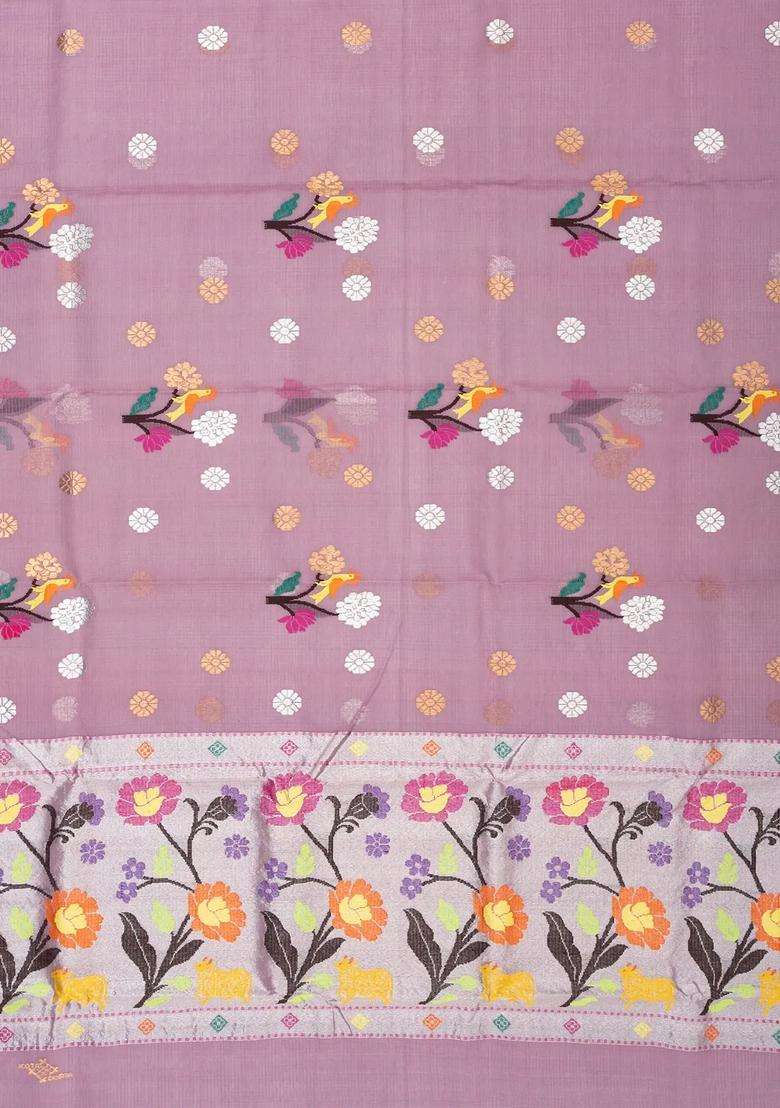 Lilac Handloom Kota Silk Cotton Saree With Meena Bird Motifs With Buttas And Brocade Design For Women - Indya