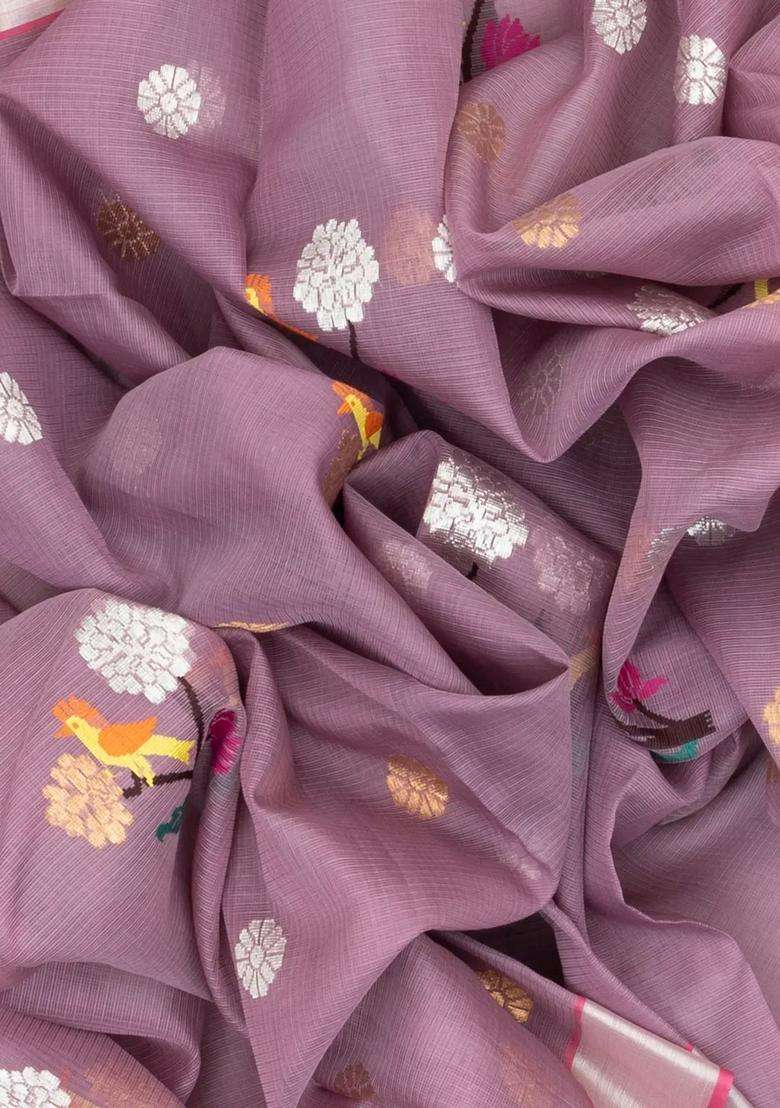 Lilac Handloom Kota Silk Cotton Saree With Meena Bird Motifs With Buttas And Brocade Design For Women - Indya