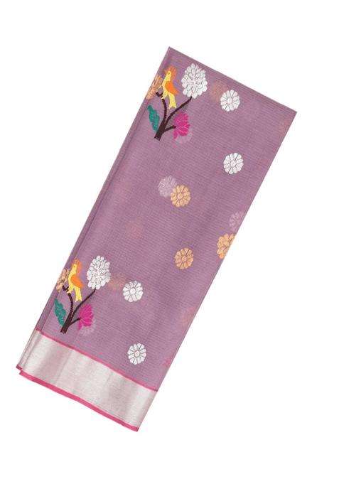 Lilac Handloom Kota Silk Cotton Saree With Meena Bird Motifs With Buttas And Brocade Design For Women