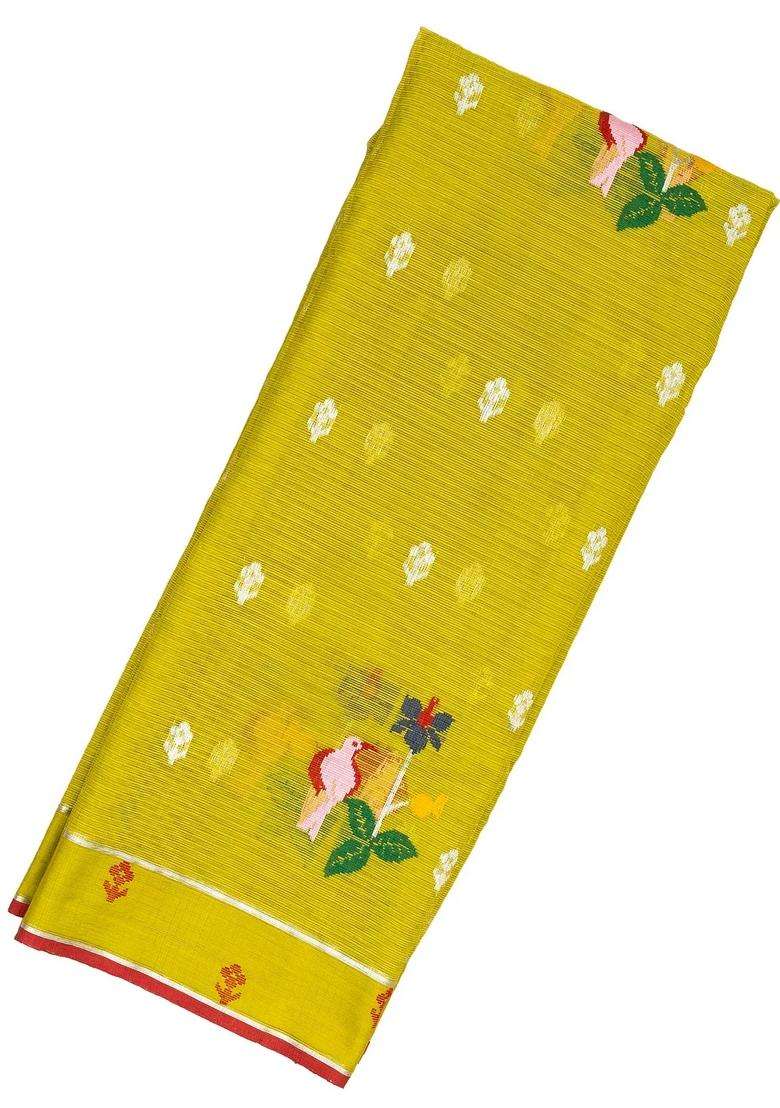 Olive Green Handloom Kota Silk Cotton Saree With Meena Bird Motifs With Buttas And Brocade Design For Women - Indya
