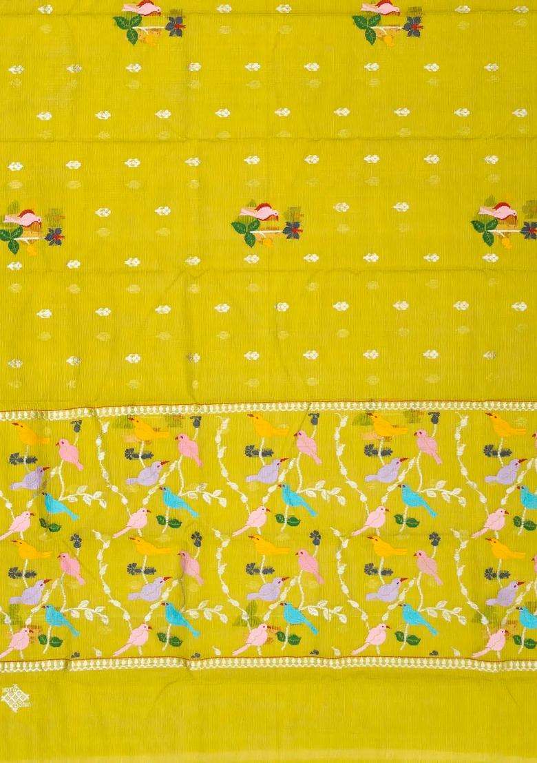 Olive Green Handloom Kota Silk Cotton Saree With Meena Bird Motifs With Buttas And Brocade Design For Women - Indya