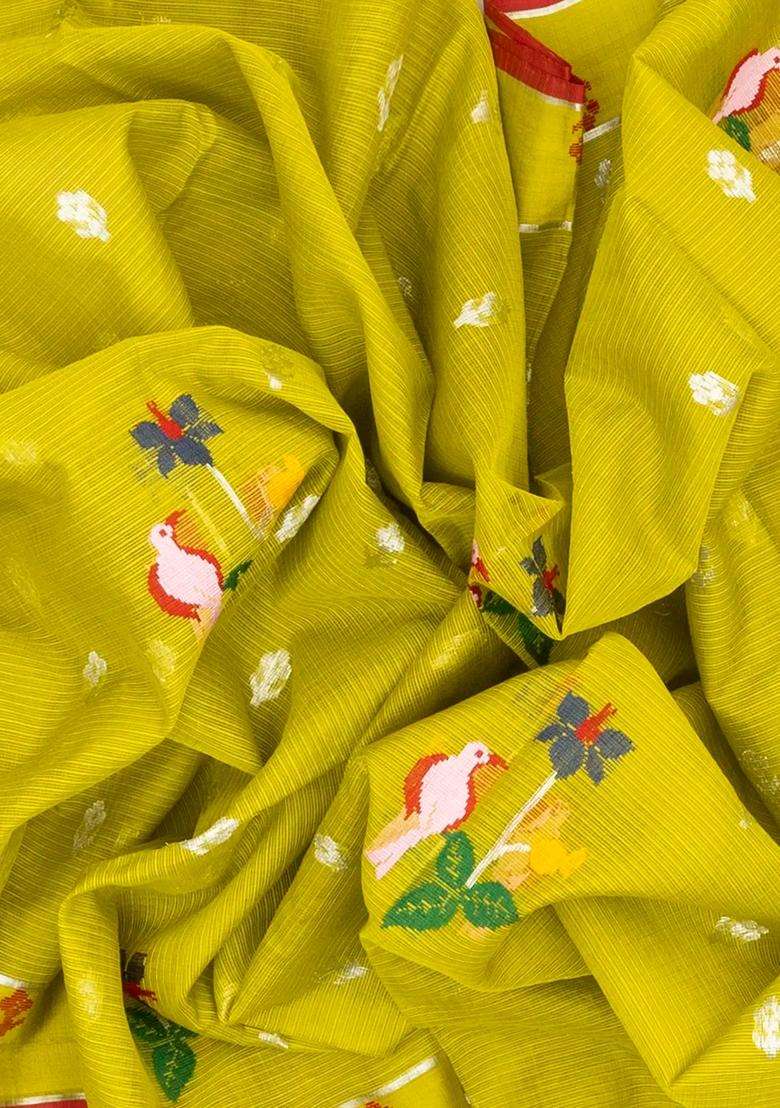 Olive Green Handloom Kota Silk Cotton Saree With Meena Bird Motifs With Buttas And Brocade Design For Women - Indya