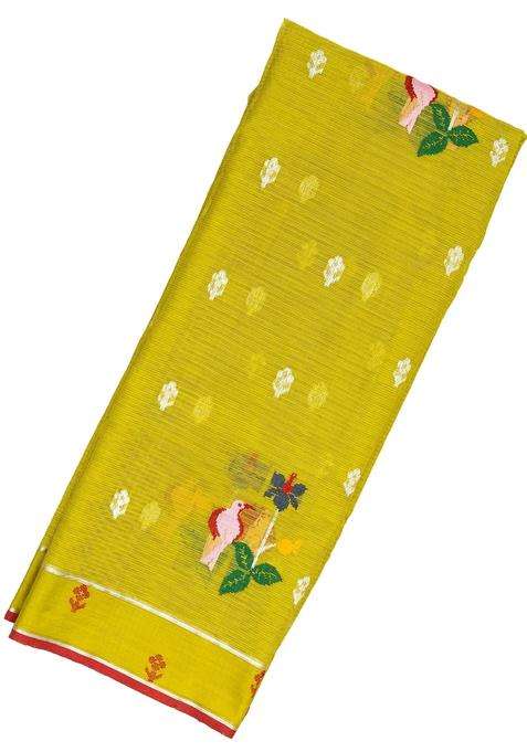 Olive Green Handloom Kota Silk Cotton Saree With Meena Bird Motifs With Buttas And Brocade Design For Women