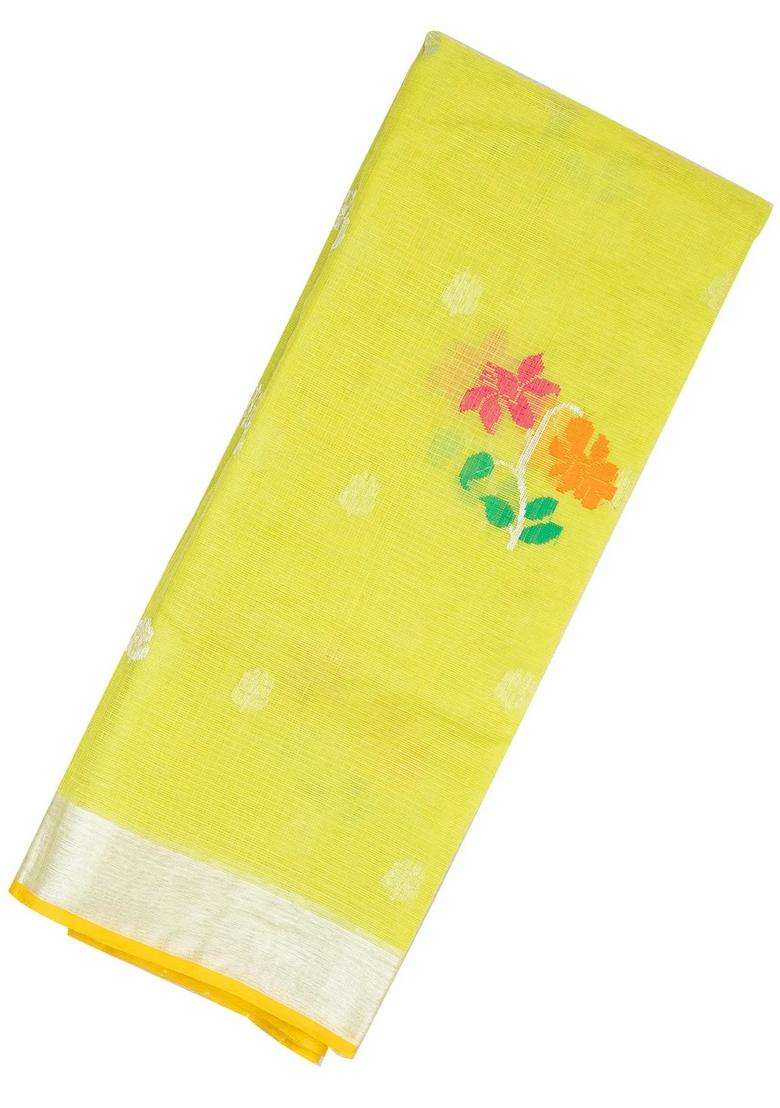 Neon Green Handloom Kota Silk Cotton Saree With Meena Floral Motifs With Buttas And Brocade Design For Women - Indya