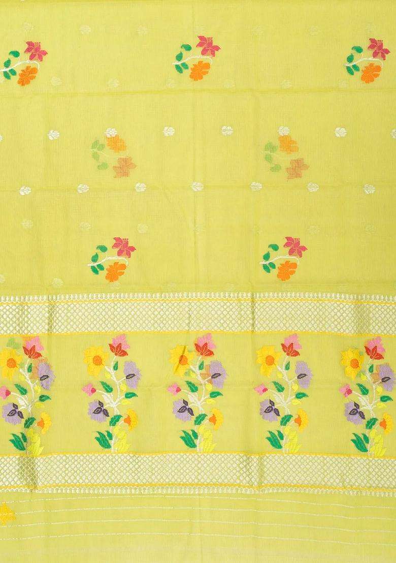 Neon Green Handloom Kota Silk Cotton Saree With Meena Floral Motifs With Buttas And Brocade Design For Women - Indya