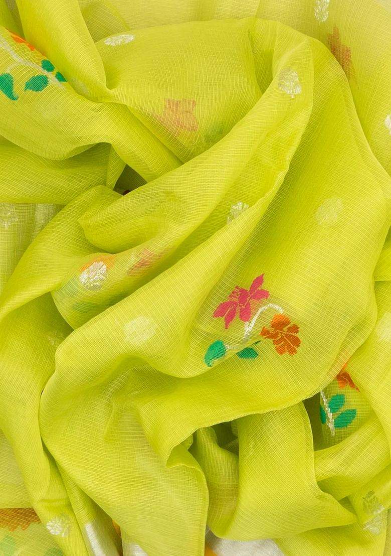 Neon Green Handloom Kota Silk Cotton Saree With Meena Floral Motifs With Buttas And Brocade Design For Women - Indya