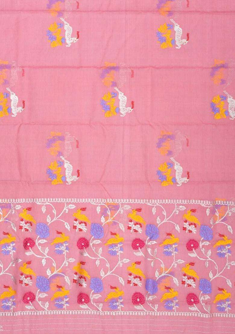 Peach Handloom Kota Silk Cotton Saree With Meena Deer Motifs With Buttas And Brocade Design For Women - Indya