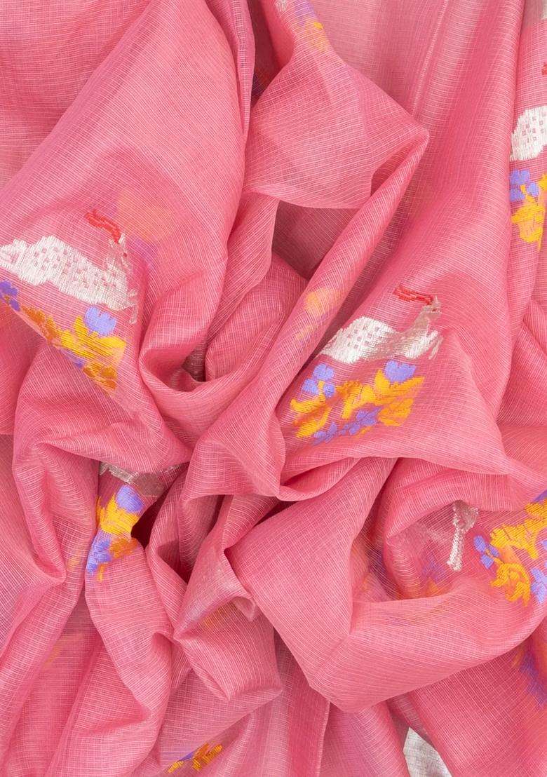Peach Handloom Kota Silk Cotton Saree With Meena Deer Motifs With Buttas And Brocade Design For Women - Indya