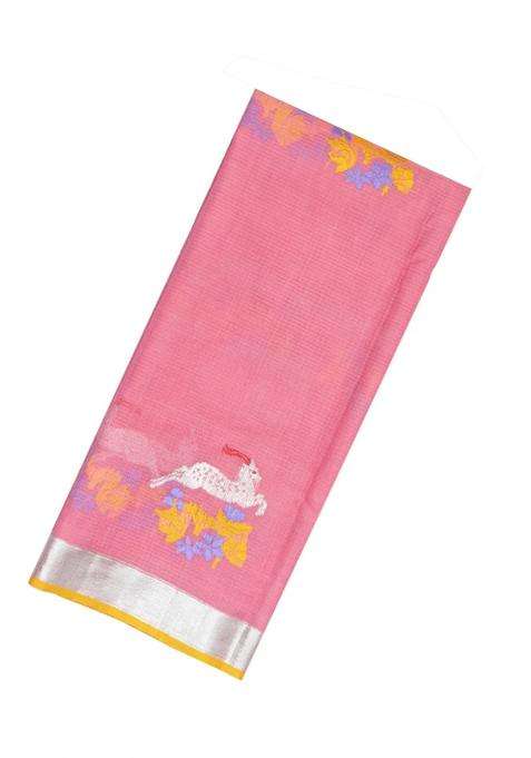 Peach Handloom Kota Silk Cotton Saree With Meena Deer Motifs With Buttas And Brocade Design For Women