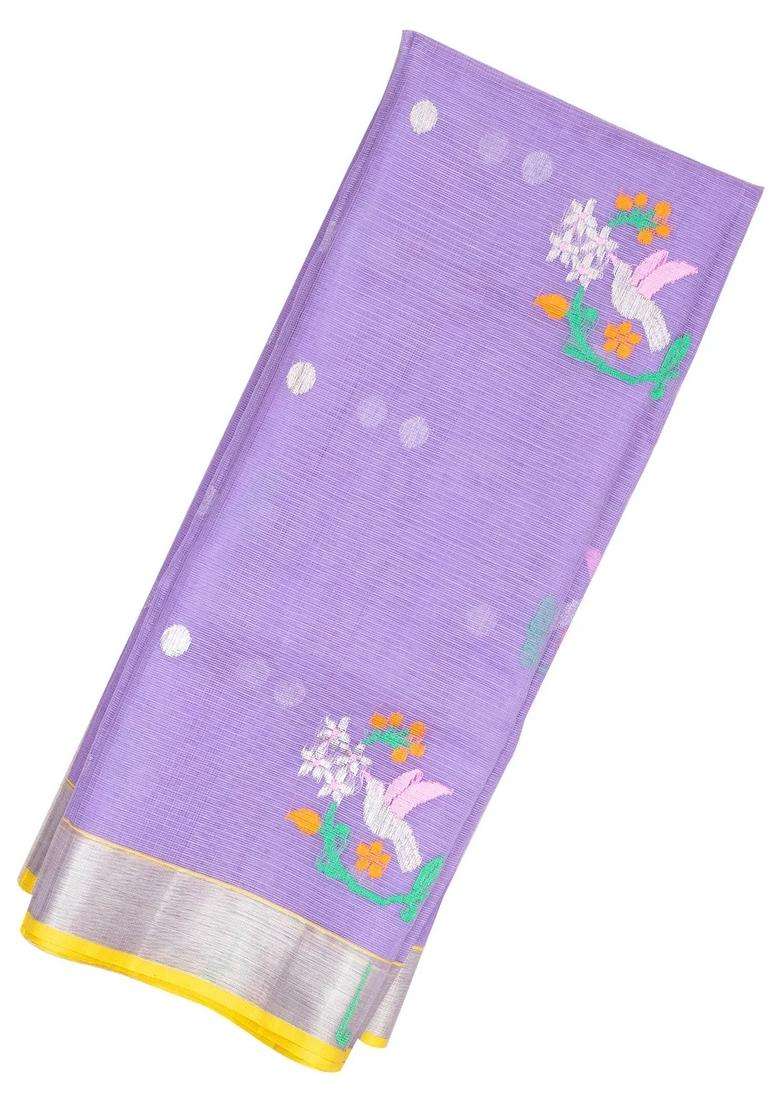 Lavander Lavender Handloom Kota Silk Cotton Saree With Meena Bird Motifs With Buttas And Brocade Design For Women - Indya