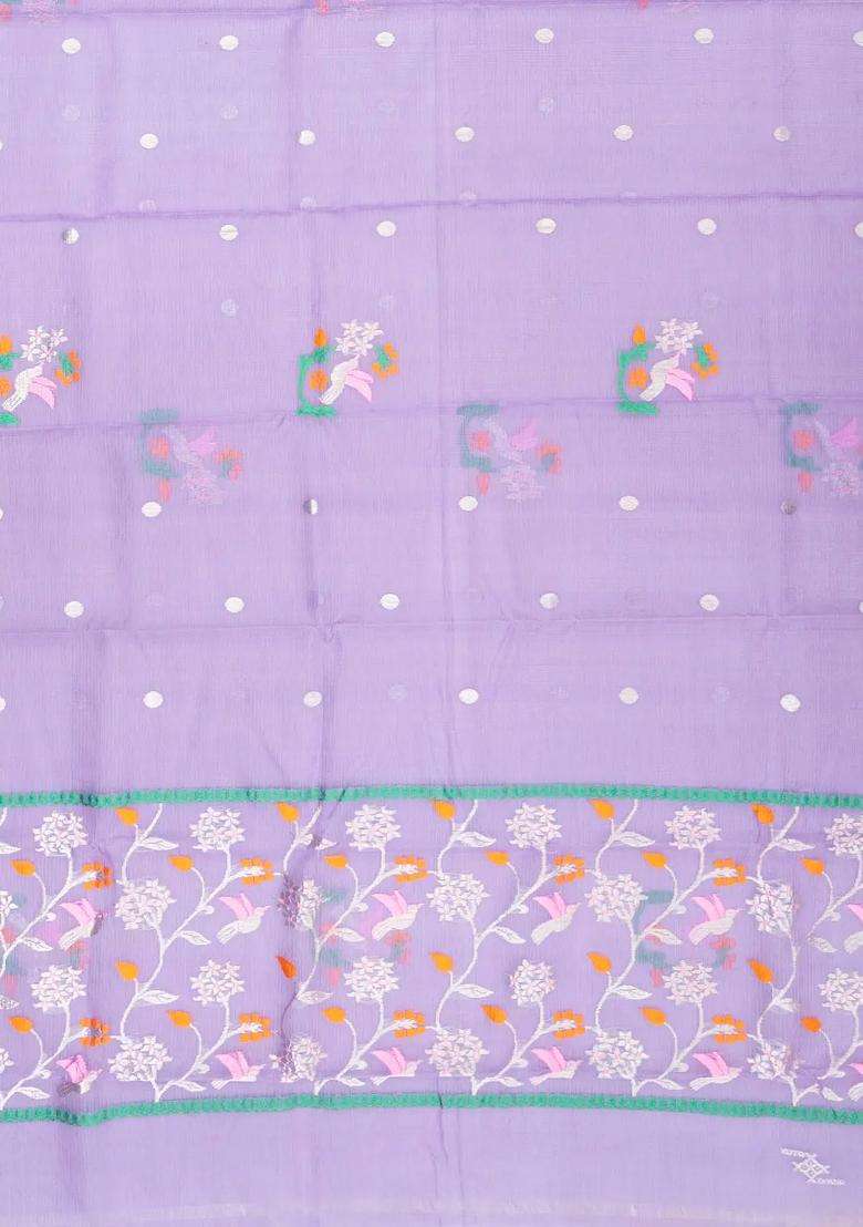 Lavander Lavender Handloom Kota Silk Cotton Saree With Meena Bird Motifs With Buttas And Brocade Design For Women - Indya
